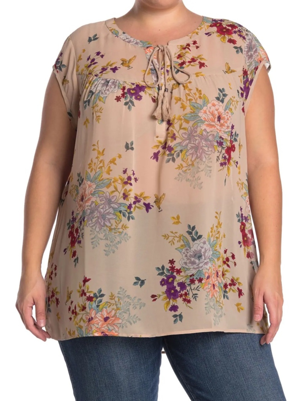 DR2 by Daniel Rainn Printed Tassel Tie Neck Blouse (Plus Size)